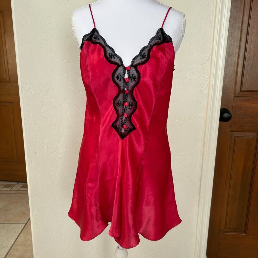 Vintage 90s Red Satin Teddy Romper Vampire Vamp Halloween Lingerie Lace M - Picture 3 of 9